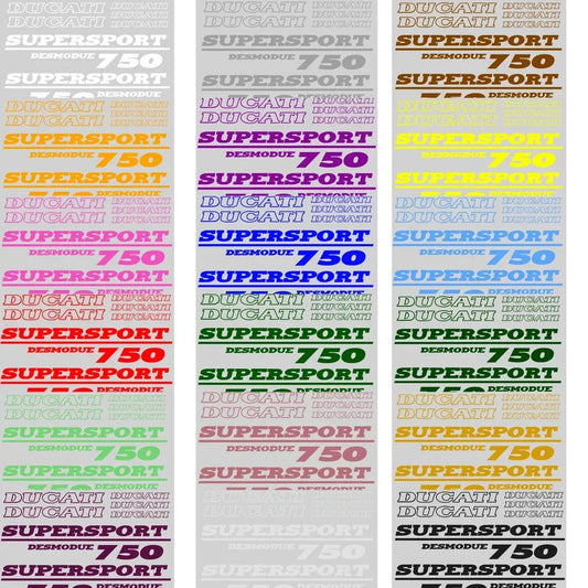 Colorful Ducati decals with text on a white background