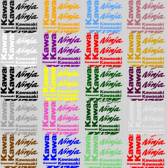 Pattern of Kawasaki and Ninja logos in various colors on a gray background
