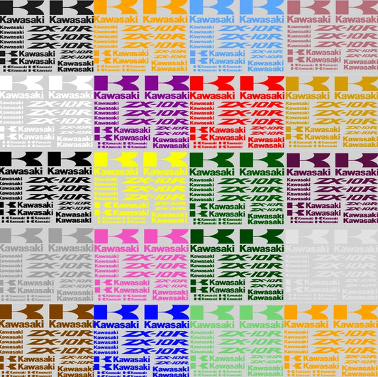 Colorful Kawasaki ZX-10R decals arranged in a grid pattern on a white background.