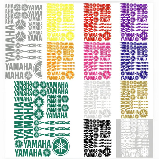 Set of colorful Yamaha logo and text decals on a white background