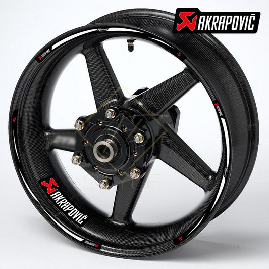 Akrapovič Universal R17 wheel decal kit 16 stickers for 2 wheels, 10mm thick, glossy finish, mirrored graphics, fits BMW, Yamaha, Kawasaki 17" black wheels