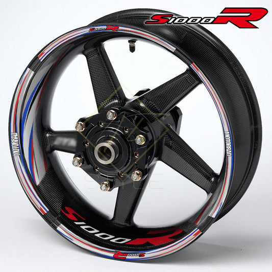 BMW S1000R Grey wheel decal kit 36 stickers for 2 wheels, 10mm edge stripes, inner 50mm/30mm, glossy finish, mirrored graphics, M Sport style