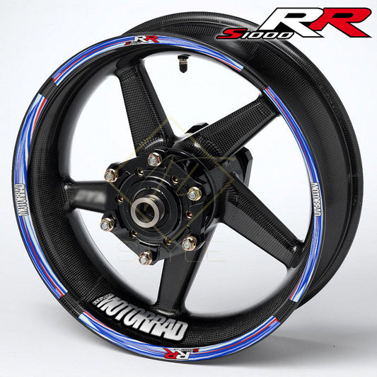 BMW S1000RR M Sport wheel decal kit 20 stickers for 2 wheels, 10mm stripe thickness, glossy finish, mirrored graphics, performance style