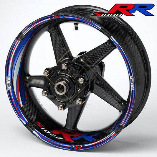 BMW S1000RR M Sport wheel decal kit 36 stickers for 2 wheels, 10mm edge stripes, inner 50mm/30mm decals, glossy finish, mirrored graphics, performance styling