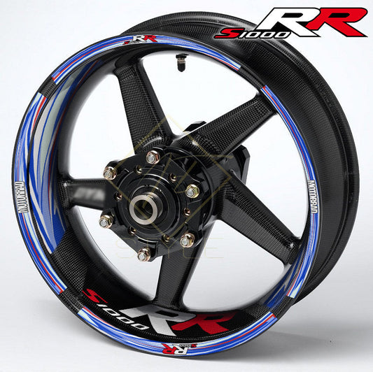 BMW S1000RR M Sport Performance wheel decal kit 36 stickers, 10mm edge stripes, inner 50mm/30mm decals, glossy finish, mirrored graphics, performance styling
