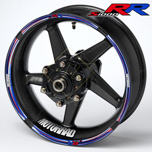 BMW S1000RR M Sport wheel decal kit 20 stickers for 2 wheels, 10mm stripe thickness, glossy finish, mirrored graphics, performance style