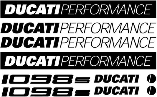 Set of Ducati Performance decals with '1098s' on a black background