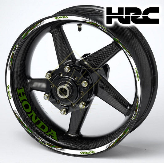 HONDA HRC Fireblade Army Black wheel decal kit 20 stickers for 2 wheels, 10mm thick, glossy finish, mirrored graphics, designed for black wheels