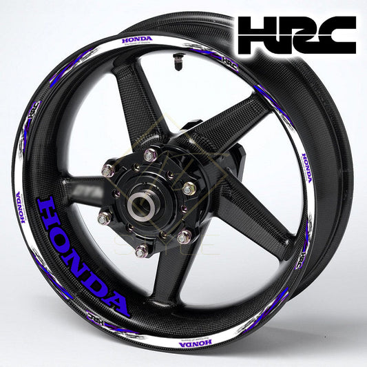 HONDA HRC Fireblade Blue Black wheel decal kit 20 stickers for 2 wheels, 10mm thick, glossy finish, mirrored graphics, designed for black wheels