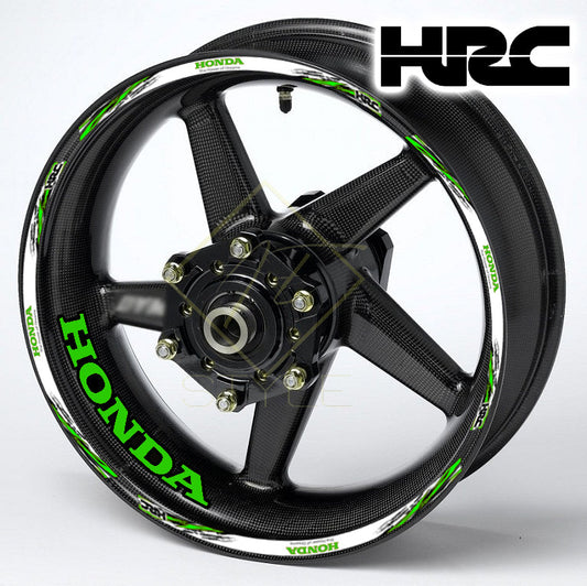 HONDA HRC Fireblade Green Black wheel decal kit 20 stickers for 2 wheels, 10mm thick, glossy finish, mirrored graphics, designed for black wheels
