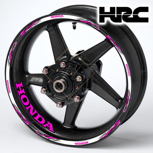 HONDA HRC Fireblade Pink Black wheel decal kit 20 stickers for 2 wheels, 10mm thick, glossy finish, mirrored graphics, designed for black wheels
