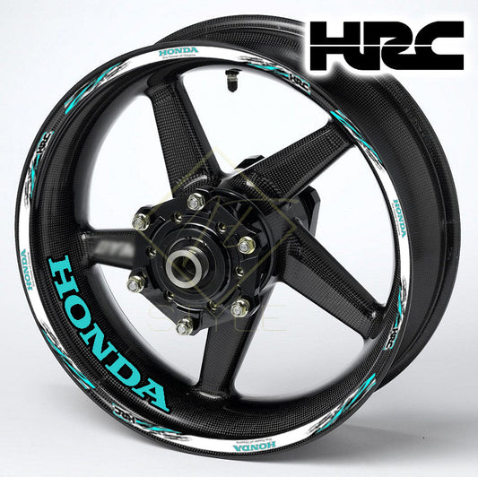 HONDA HRC Fireblade Sky Black wheel decal kit 20 stickers for 2 wheels, 10mm thick, glossy finish, mirrored graphics, designed for black wheels