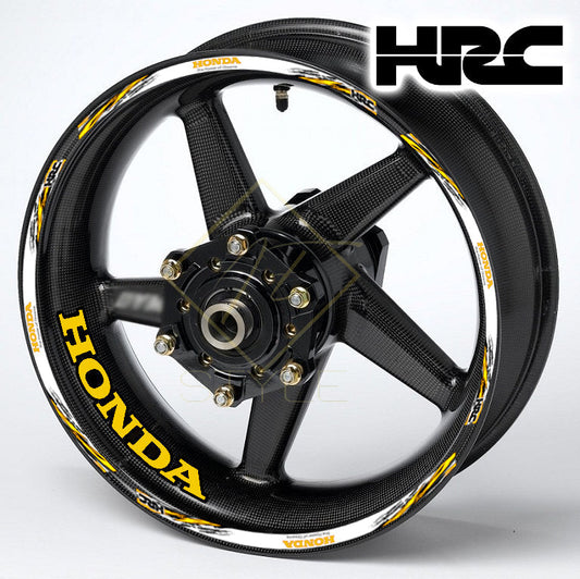 HONDA HRC Fireblade Yellow Black wheel decal kit 20 stickers for 2 wheels, 10mm thick, glossy finish, mirrored graphics, designed for black wheels