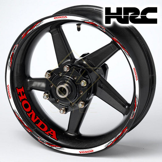 HONDA HRC Fireblade Black wheel decal kit 20 stickers for 2 wheels, 10mm thick, glossy finish, mirrored graphics, designed for black wheels