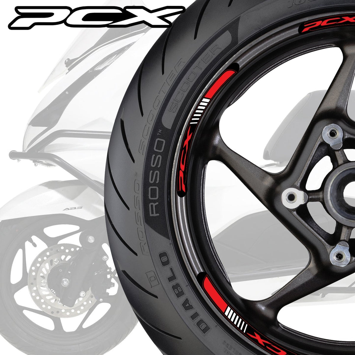 Motorcycle tire with 'PCX' branding on a white background