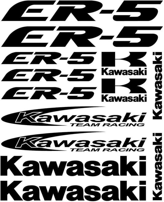 Set of Kawasaki decals with various designs on a white background