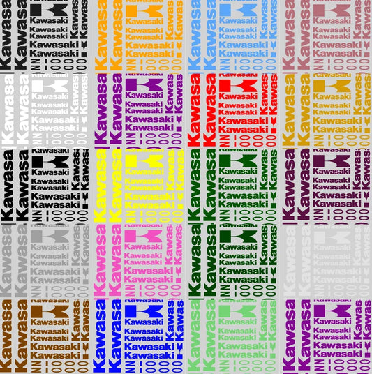 Repeating pattern of Kawasaki logos in various colors on a white background