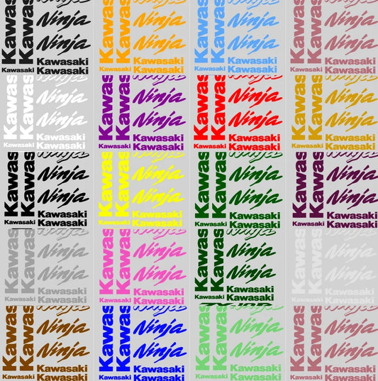 Pattern of Kawasaki and Ninja logos in various colors on a gray background