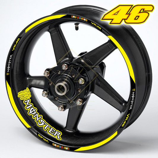 Monster VR46 Universal wheel decal kit 22 stickers for 2 wheels, 10mm thick, glossy finish, mirrored graphics, fits Kawasaki, Honda, BMW, Yamaha