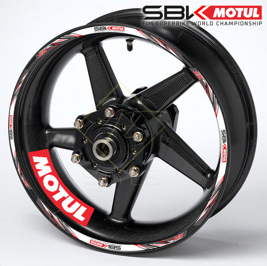 MOTUL SBK Universal wheel decal kit 20 stickers for 2 wheels, 10mm thick, glossy finish, mirrored graphics, fits Kawasaki, Honda, BMW, Yamaha