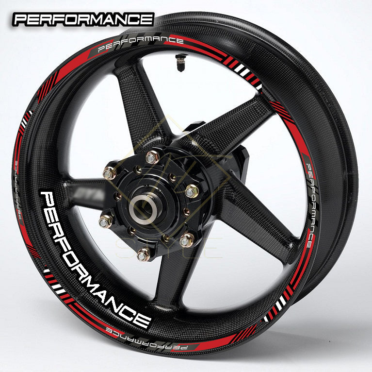 Motorcycle wheel with 'Performance' branding on a white background