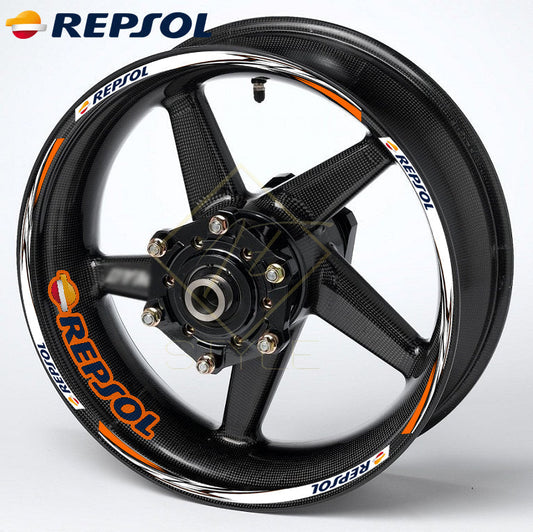 REPSOL motorcycle wheel decals 20pcs rim sticker kit with glossy finish, 10mm stripes, mirrored graphics, universal fit for Honda, Yamaha, Suzuki, Kawasaki