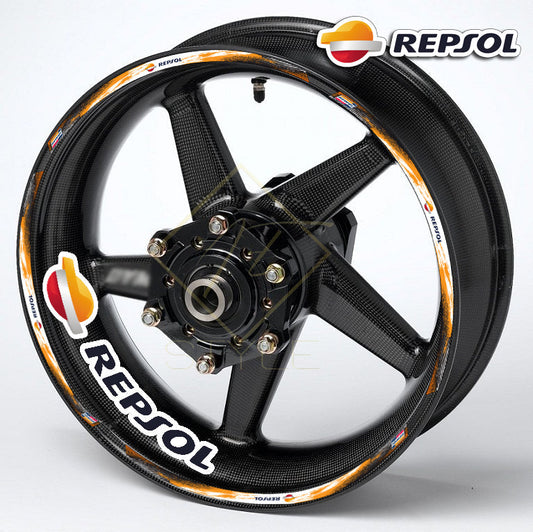 REPSOL motorcycle wheel decals 20pcs rim sticker kit for black wheels, universal fit, glossy finish, 10mm stripes
