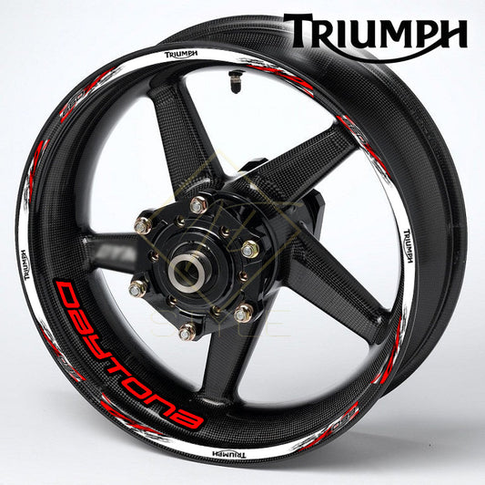 Meta Description: Premium 22-piece Triumph Daytona 660 wheel decal set for front and rear wheels. Edge stripes, inner wheel logo decals, vibrant Eco-Sol MAX inks, glossy finish, mirrored graphics.