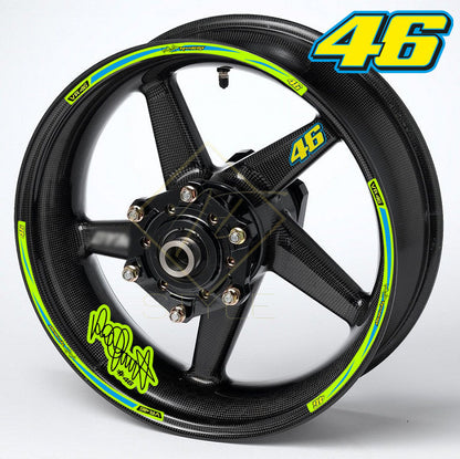 Universal Rossi R17 wheel decal kit 18 stickers for 2 wheels, 10mm thick, glossy finish, mirrored graphics, fits BMW, Yamaha, Kawasaki 17" black wheels