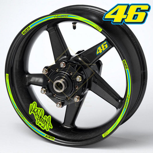 Universal Rossi R17 wheel decal kit 18 stickers for 2 wheels, 10mm thick, glossy finish, mirrored graphics, fits BMW, Yamaha, Kawasaki 17" black wheels