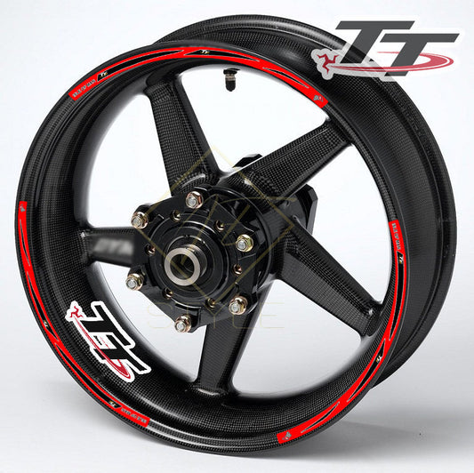 Universal TT R17 wheel decal kit 16 stickers for 2 wheels, 10mm thick, glossy finish, mirrored graphics, fits BMW, Yamaha, Kawasaki 17" black wheels