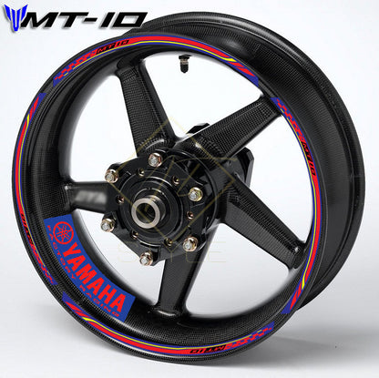 YAMAHA MT-10 motorcycle wheel decals 20-piece rim and inner wheel stickers with blue, red, and yellow stripes, professional quality, mirrored graphics