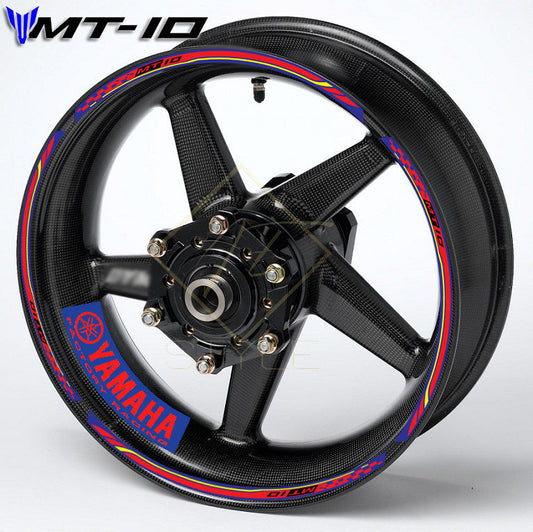 YAMAHA MT-10 motorcycle wheel decals 20-piece rim and inner wheel stickers with blue, red, and yellow stripes, professional quality, mirrored graphics