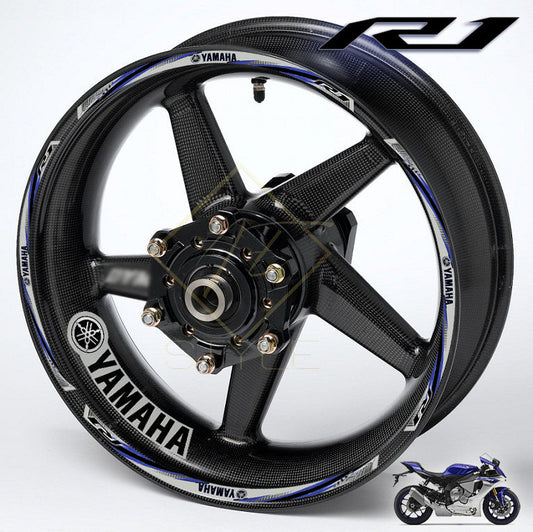 YAMAHA YZF R1 motorcycle wheel decals 22-piece rim and inner wheel stickers, blue, silver, grey stripes, professional quality, mirrored graphics