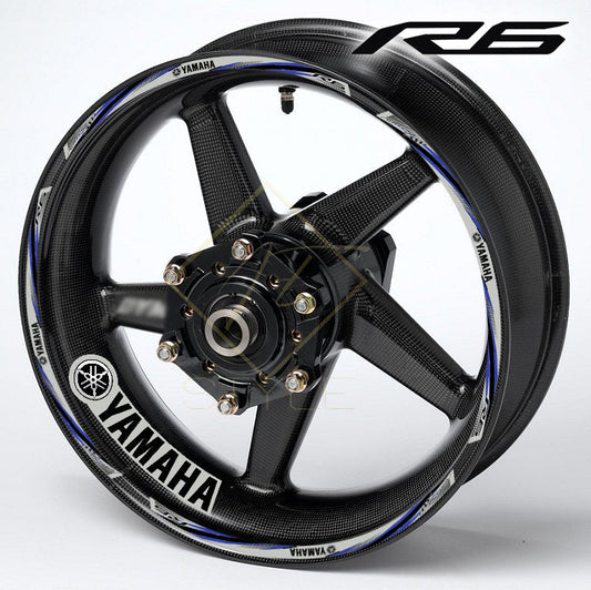 YAMAHA YZF R6 motorcycle wheel decals 20-piece rim and inner wheel stickers, blue, silver, grey stripes, professional quality, mirrored graphics