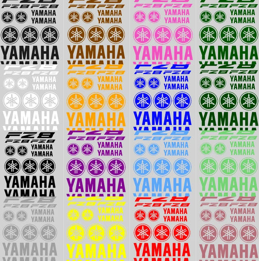 Collection of Yamaha logos and branding in various colors on a gray  background